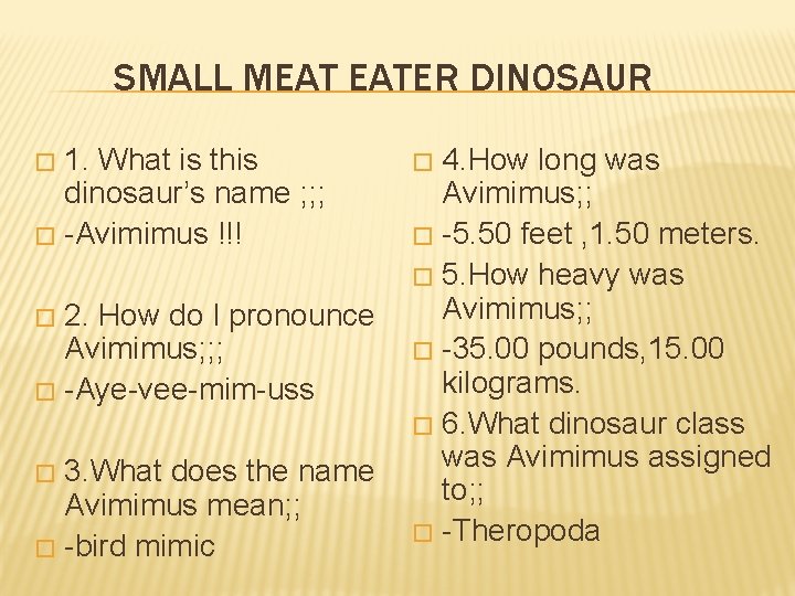 SMALL MEAT EATER DINOSAUR 1. What is this dinosaur’s name ; ; ; �