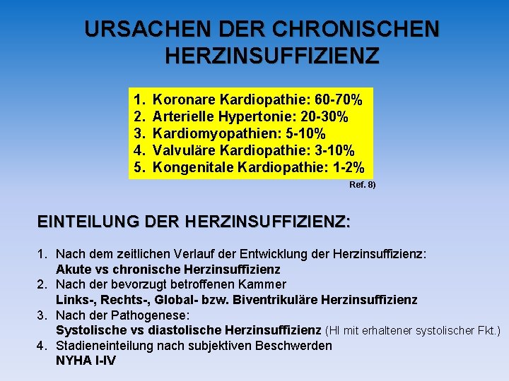 URSACHEN DER CHRONISCHEN HERZINSUFFIZIENZ 1. 2. 3. 4. 5. Koronare Kardiopathie: 60 -70% Arterielle URSACHEN DER CHRONISCHEN HERZINSUFFIZIENZ 1. 2. 3. 4. 5. Koronare Kardiopathie: 60 -70% Arterielle