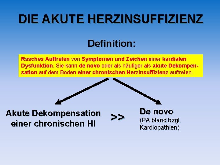 DIE AKUTE HERZINSUFFIZIENZ Definition: Rasches Auftreten von Symptomen und Zeichen einer kardialen Dysfunktion. Sie DIE AKUTE HERZINSUFFIZIENZ Definition: Rasches Auftreten von Symptomen und Zeichen einer kardialen Dysfunktion. Sie