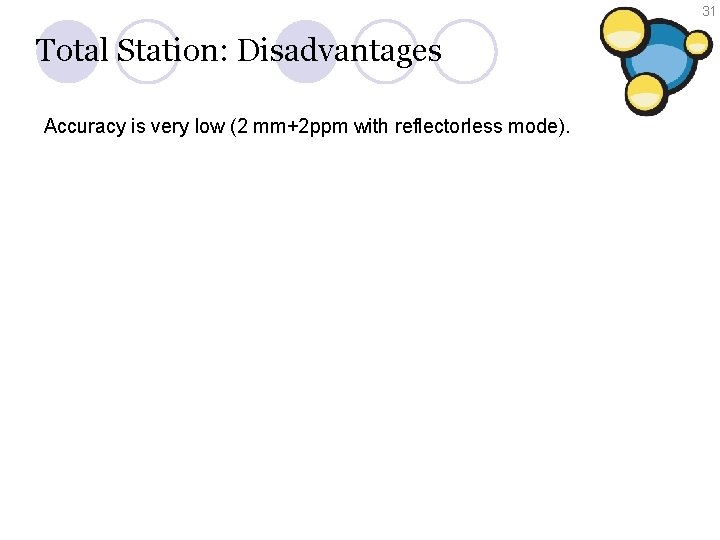 31 Total Station: Disadvantages Accuracy is very low (2 mm+2 ppm with reflectorless mode).