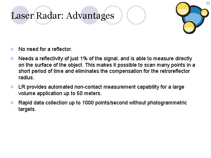 35 Laser Radar: Advantages l No need for a reflector. l Needs a reflectivity