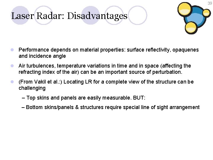 39 Laser Radar: Disadvantages l Performance depends on material properties: surface reflectivity, opaquenes and