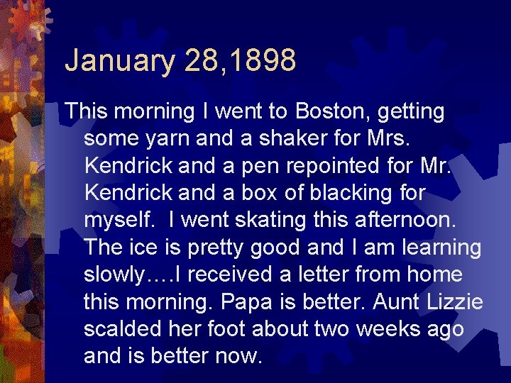 January 28, 1898 This morning I went to Boston, getting some yarn and a