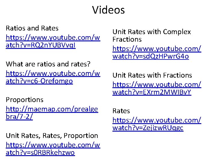 Videos Ratios and Rates https: //www. youtube. com/w atch? v=RQ 2 n. YUBVvq. I