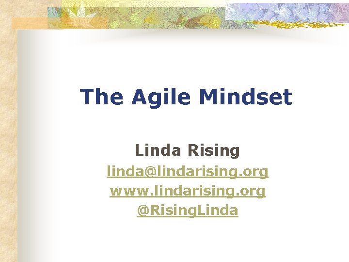 The Agile Mindset Linda Rising linda@lindarising. org www. lindarising. org @Rising. Linda 