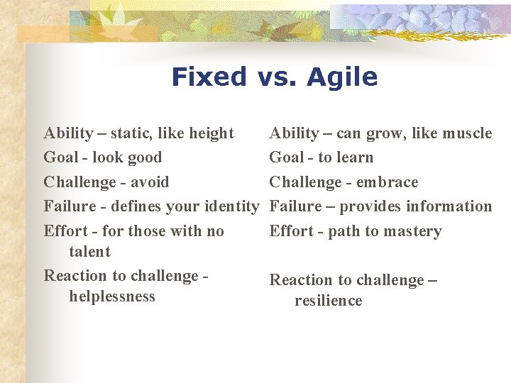 Fixed vs. Agile Ability – static, like height Goal - look good Challenge -