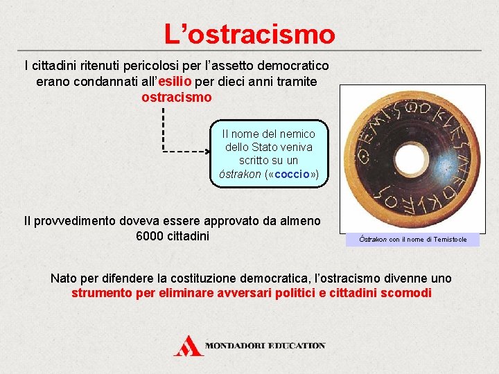 L’ostracismo I cittadini ritenuti pericolosi per l’assetto democratico erano condannati all’esilio per dieci anni L’ostracismo I cittadini ritenuti pericolosi per l’assetto democratico erano condannati all’esilio per dieci anni