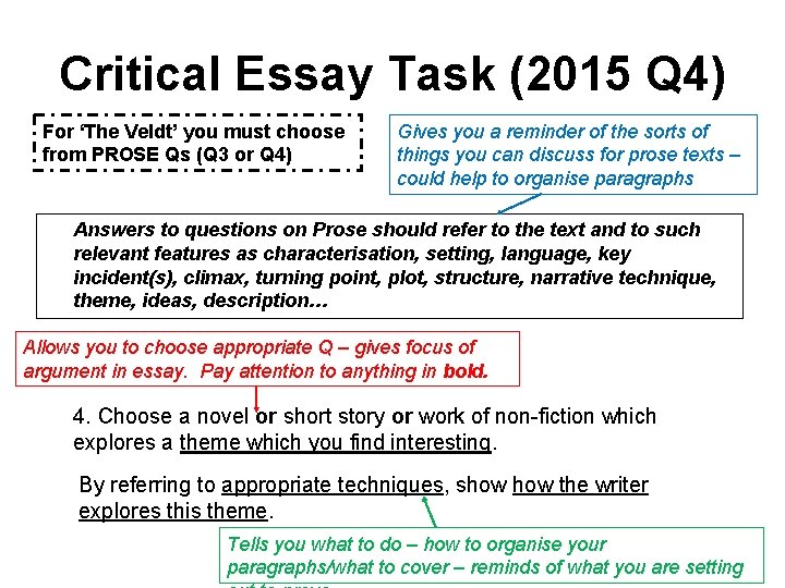 Critical Essay Task (2015 Q 4) For ‘The Veldt’ you must choose from PROSE