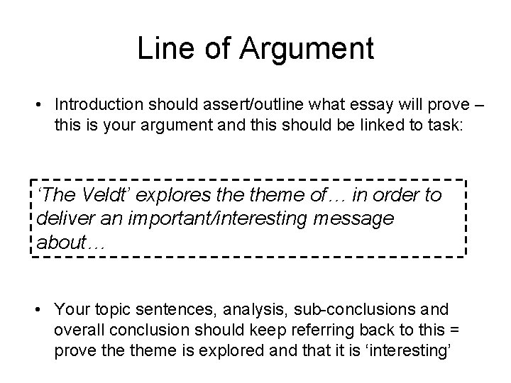 Line of Argument • Introduction should assert/outline what essay will prove – this is