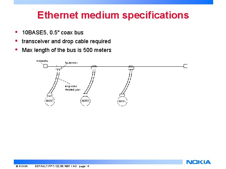 Ethernet medium specifications • • • 10 BASE 5, 0. 5" coax bus transceiver