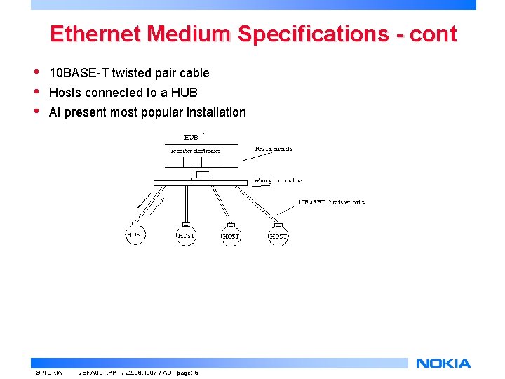 Ethernet Medium Specifications - cont • • • 10 BASE-T twisted pair cable Hosts