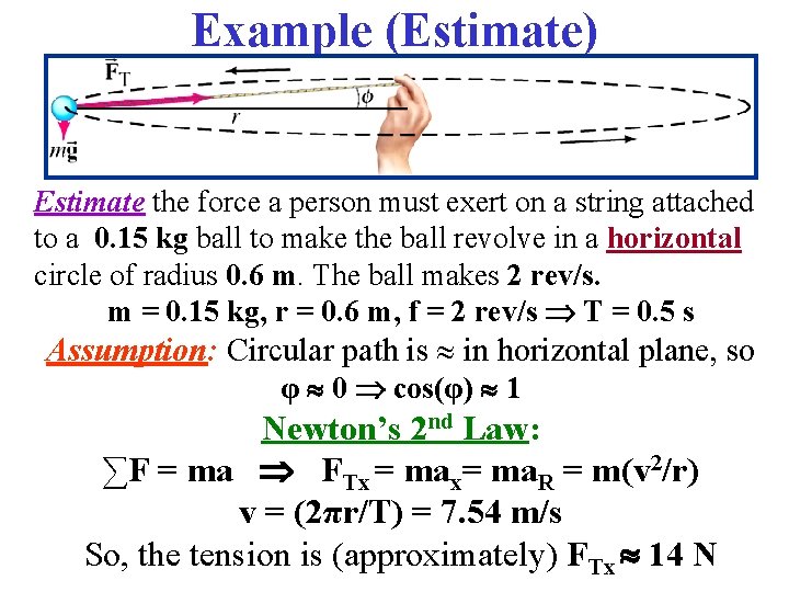 Example (Estimate) Estimate the force a person must exert on a string attached to