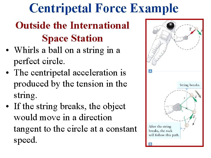 Centripetal Force Example Outside the International Space Station • Whirls a ball on a