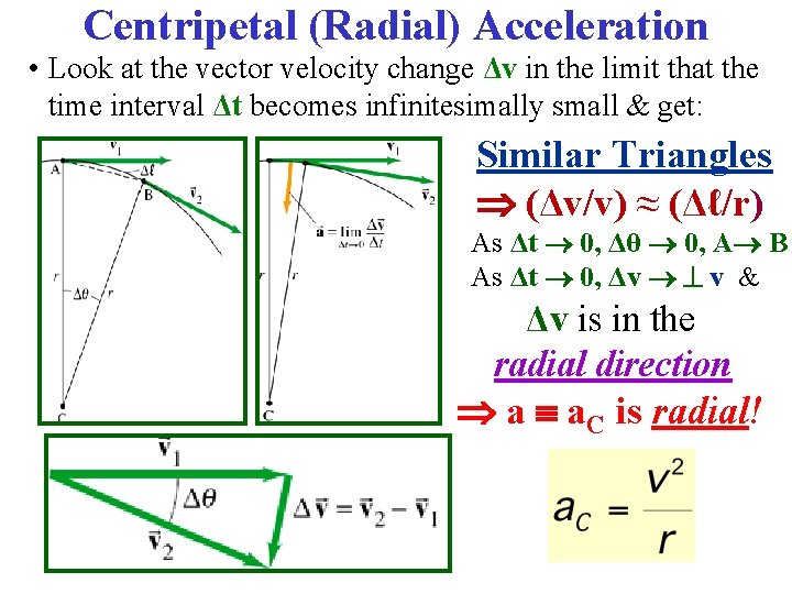 Centripetal (Radial) Acceleration • Look at the vector velocity change Δv in the limit