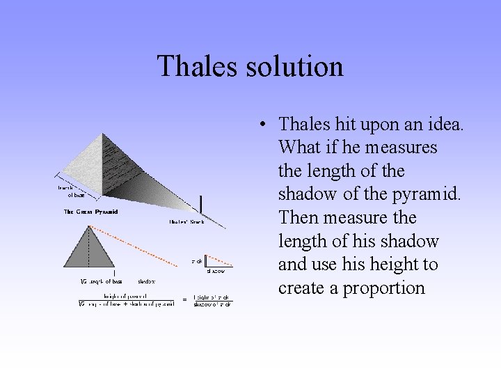 Thales solution • Thales hit upon an idea. What if he measures the length