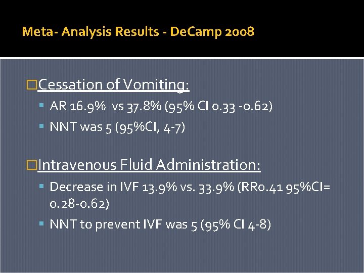 Meta- Analysis Results - De. Camp 2008 �Cessation of Vomiting: AR 16. 9% vs Meta- Analysis Results - De. Camp 2008 �Cessation of Vomiting: AR 16. 9% vs