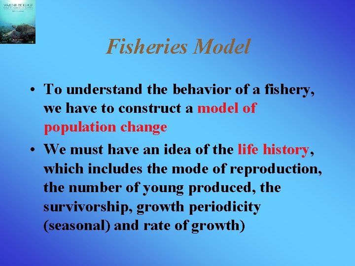 Fisheries Model • To understand the behavior of a fishery, we have to construct