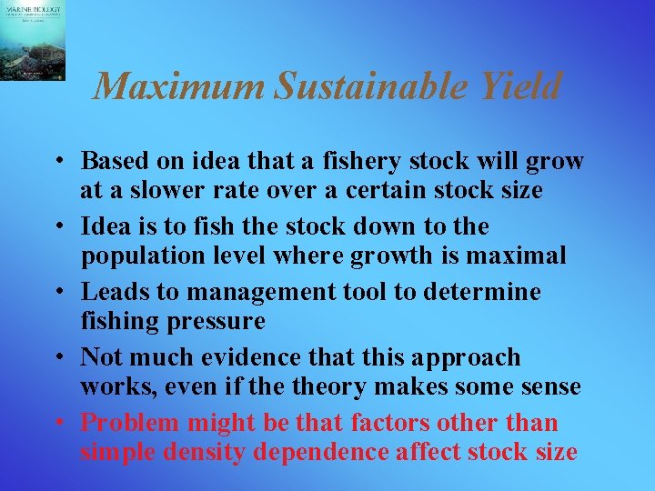 Maximum Sustainable Yield • Based on idea that a fishery stock will grow at