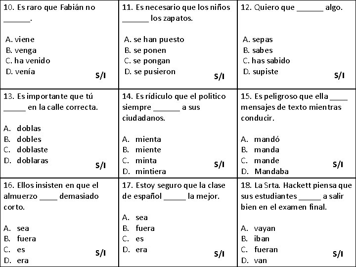 10. Es raro que Fabián no ______. 11. Es necesario que los niños ______