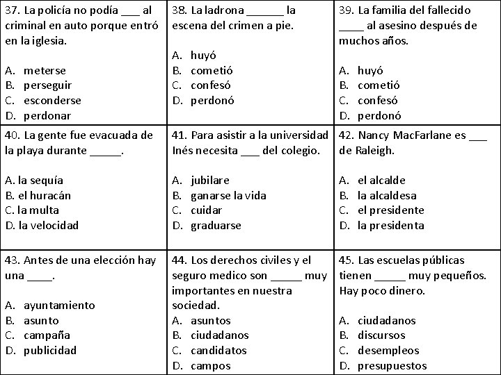 37. La policía no podía ___ al criminal en auto porque entró en la