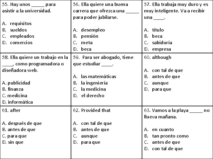 55. Hay unos _____ para asistir a la universidad. A. B. C. D. requisitos