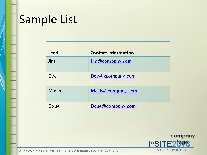 Sample List Lead Contact information Jim@company. com Dee@gcompany. com Mavis@company. com Doug@company. com In.