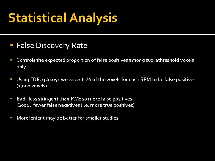 Statistical Analysis False Discovery Rate Controls the expected proportion of false positives among suprathreshold