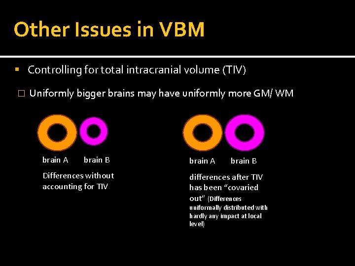 Other Issues in VBM Controlling for total intracranial volume (TIV) � Uniformly bigger brains
