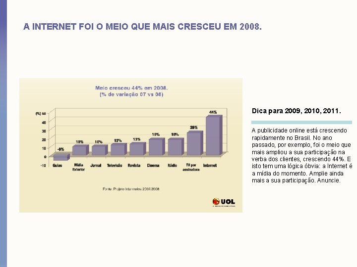 A INTERNET FOI O MEIO QUE MAIS CRESCEU EM 2008. Dica para 2009, 2010,