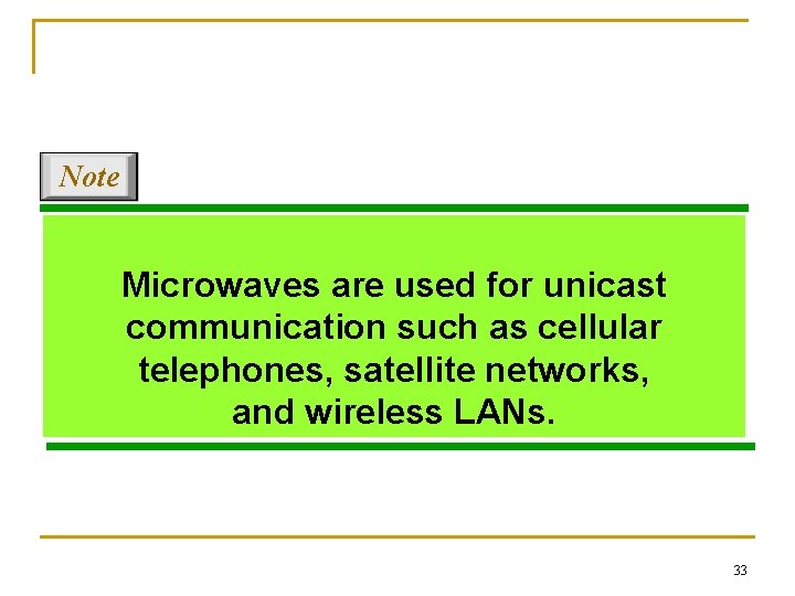 Note Microwaves are used for unicast communication such as cellular telephones, satellite networks, and