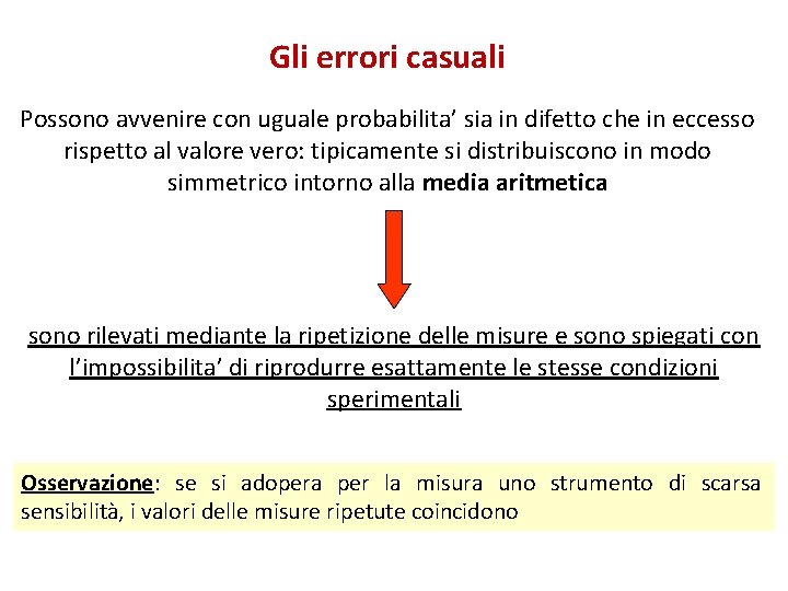 Gli errori casuali Possono avvenire con uguale probabilita’ sia in difetto che in eccesso