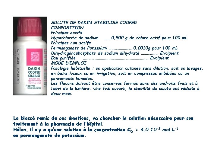 SOLUTE DE DAKIN STABILISE COOPER COMPOSITION Principes actifs Hypochlorite de sodium …… 0, 500