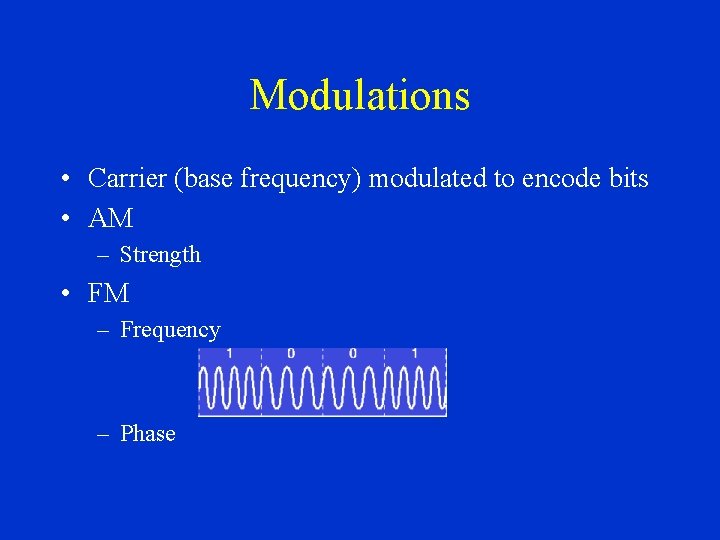 Modulations • Carrier (base frequency) modulated to encode bits • AM – Strength •