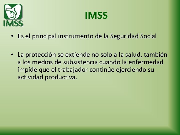  IMSS • Es el principal instrumento de la Seguridad Social • La protección