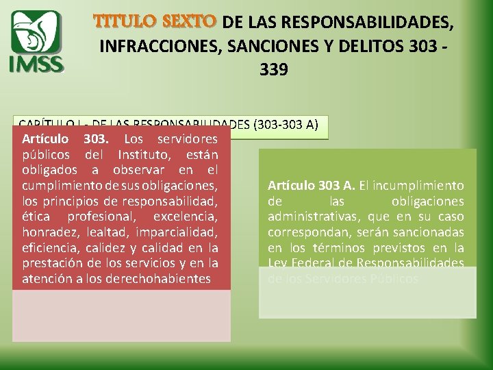 TITULO SEXTO DE LAS RESPONSABILIDADES, INFRACCIONES, SANCIONES Y DELITOS 303 - 339 CAPÍTULO I