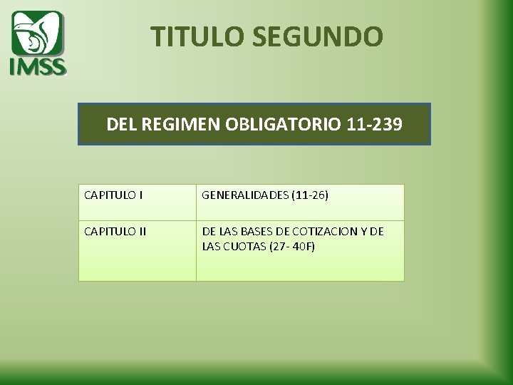 TITULO SEGUNDO DEL REGIMEN OBLIGATORIO 11 -239 CAPITULO I GENERALIDADES (11 -26) CAPITULO II