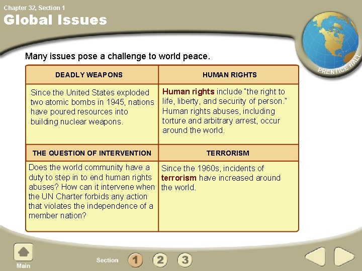 Chapter 32, Section 1 Global Issues Many issues pose a challenge to world peace.