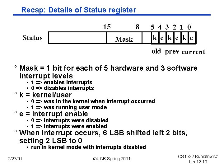 Recap: Details of Status register 15 Status 8 Mask 5 4 3 2 1