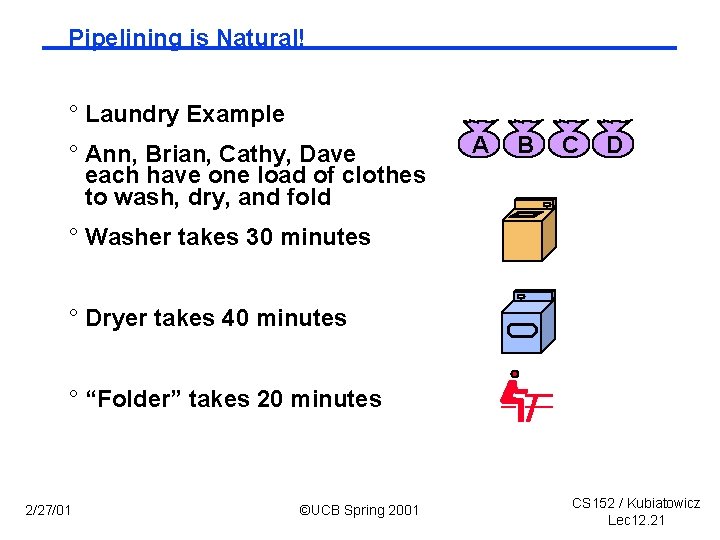 Pipelining is Natural! ° Laundry Example ° Ann, Brian, Cathy, Dave each have one