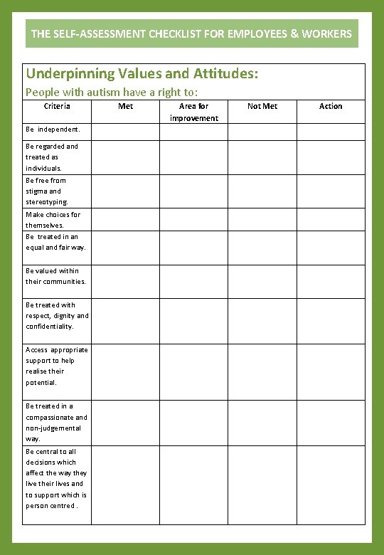 THE SELF-ASSESSMENT CHECKLIST FOR EMPLOYEES & WORKERS Underpinning Values and Attitudes: People with autism