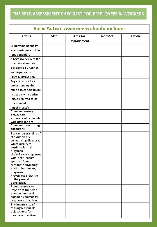 THE SELF-ASSESSMENT CHECKLIST FOR EMPLOYEES & WORKERS Basic Autism Awareness should include: Criteria Exploration THE SELF-ASSESSMENT CHECKLIST FOR EMPLOYEES & WORKERS Basic Autism Awareness should include: Criteria Exploration