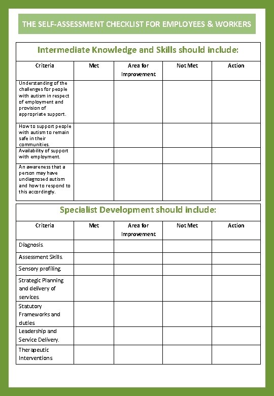 THE SELF-ASSESSMENT CHECKLIST FOR EMPLOYEES & WORKERS Intermediate Knowledge and Skills should include: Criteria