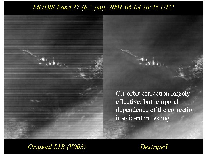 MODIS Band 27 (6. 7 m), 2001 -06 -04 16: 45 UTC On-orbit correction