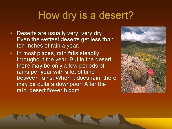 How dry is a desert? • Deserts are usually very, very dry. Even the