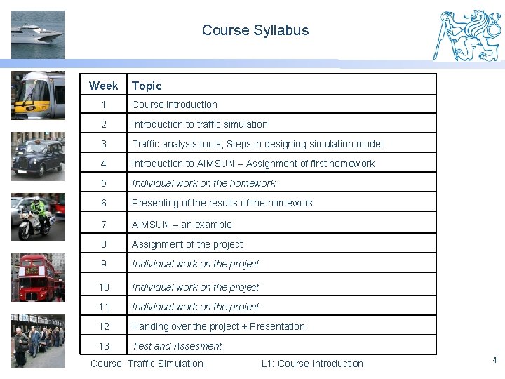 Course Syllabus Week Topic 1 Course introduction 2 Introduction to traffic simulation 3 Traffic