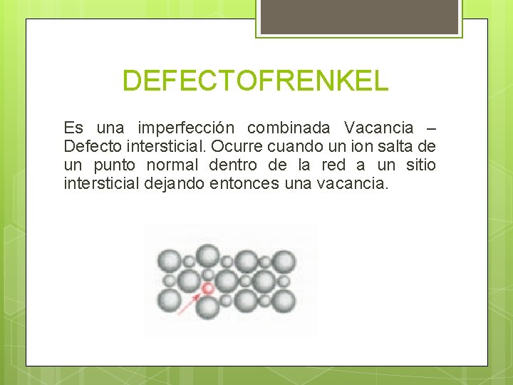 DEFECTOFRENKEL Es una imperfección combinada Vacancia – Defecto intersticial. Ocurre cuando un ion salta