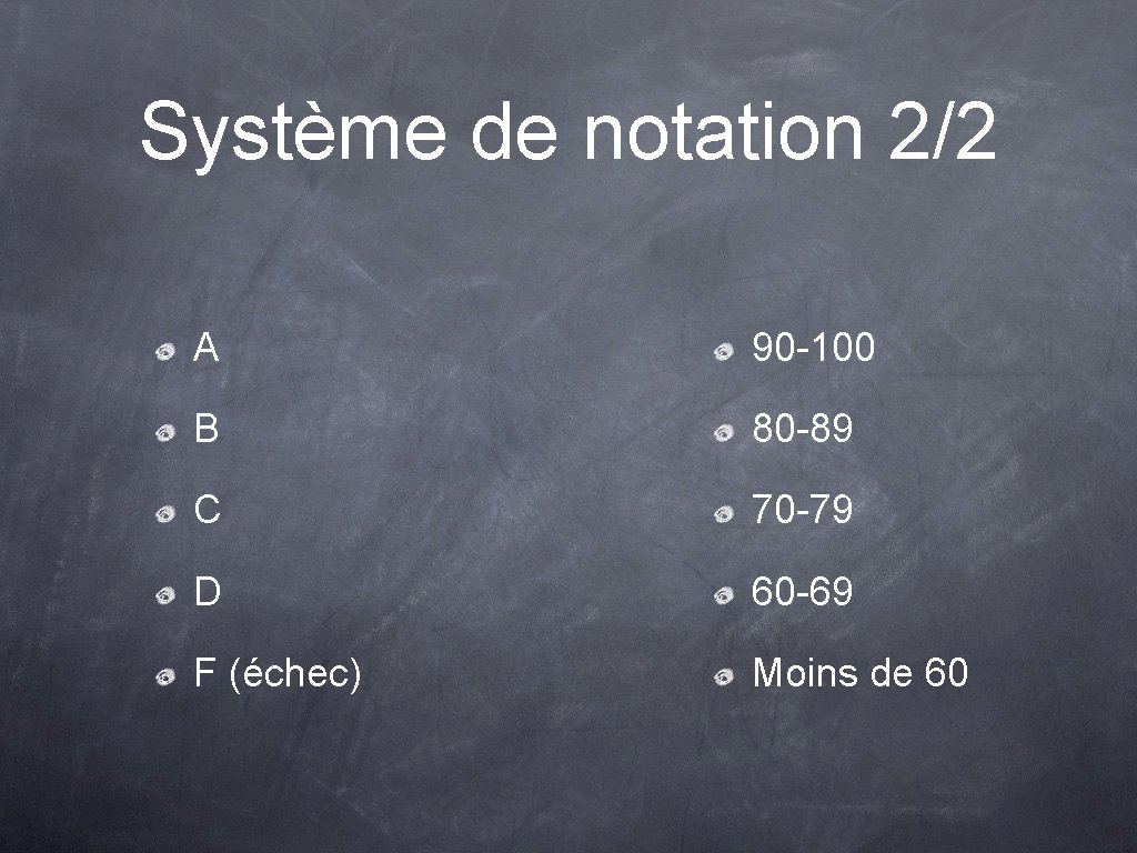 Système de notation 2/2 A 90 -100 B 80 -89 C 70 -79 D