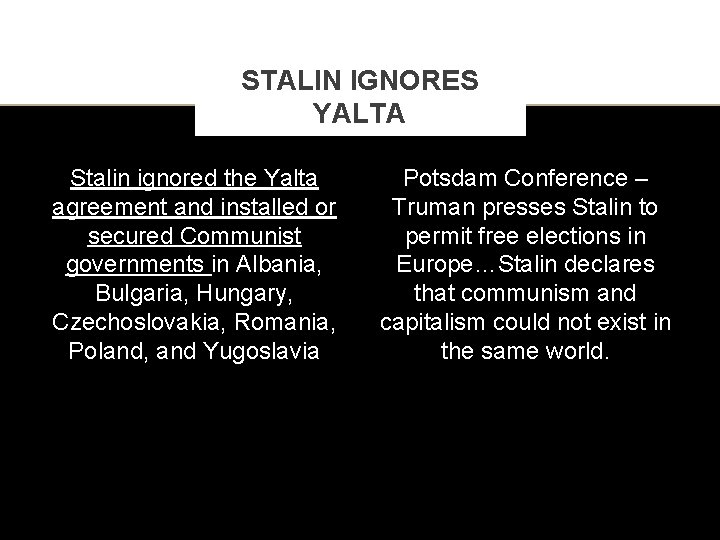 STALIN IGNORES YALTA Stalin ignored the Yalta agreement and installed or secured Communist governments