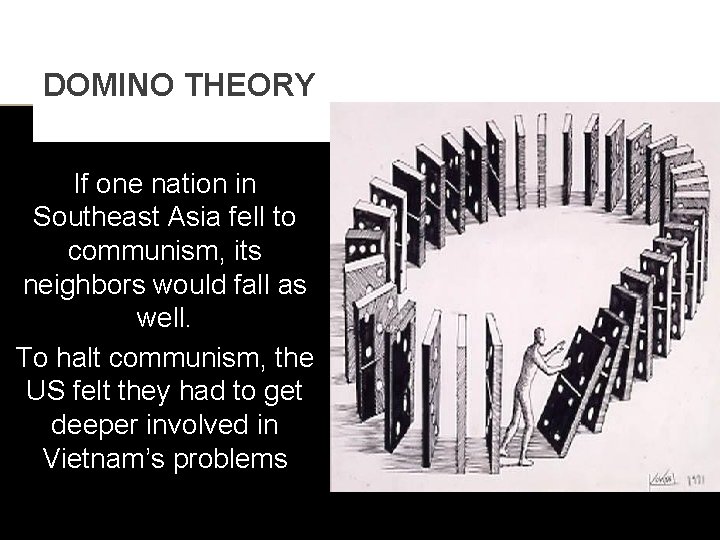 DOMINO THEORY If one nation in Southeast Asia fell to communism, its neighbors would
