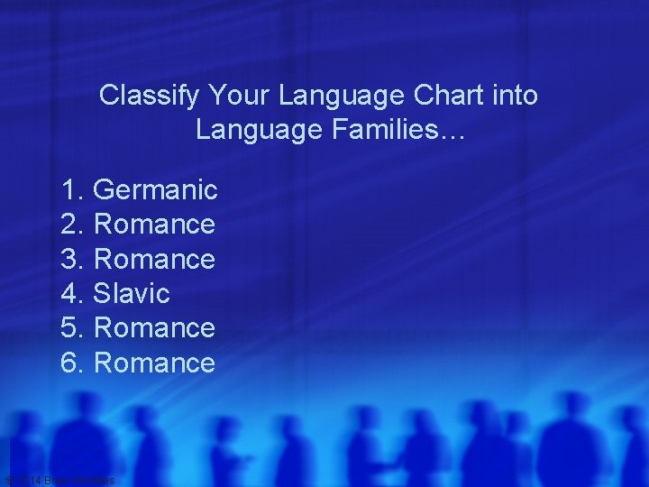 Classify Your Language Chart into Language Families… 1. Germanic 2. Romance 3. Romance 4.